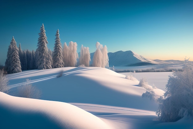 A snowy landscape with a snowy landscape and a blue sky with a mountain in the background