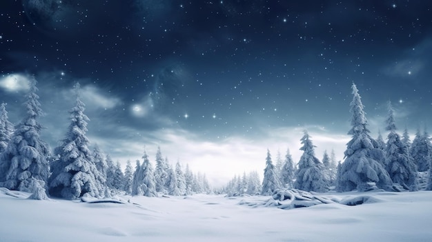 A snowy landscape with a snowy landscape and the sky is full of stars.