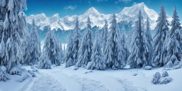 A snowy landscape with a snowy mountain in the background.