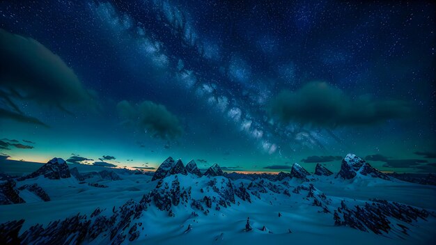 A snowy landscape with a starry sky above it