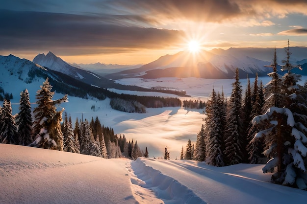 A snowy landscape with a sunset in the background