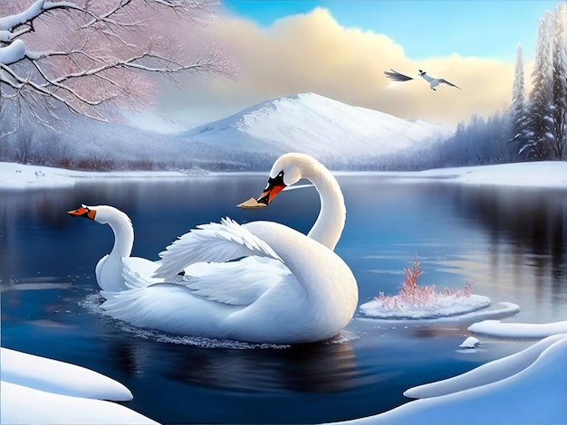 A snowy landscape with a swan in the water