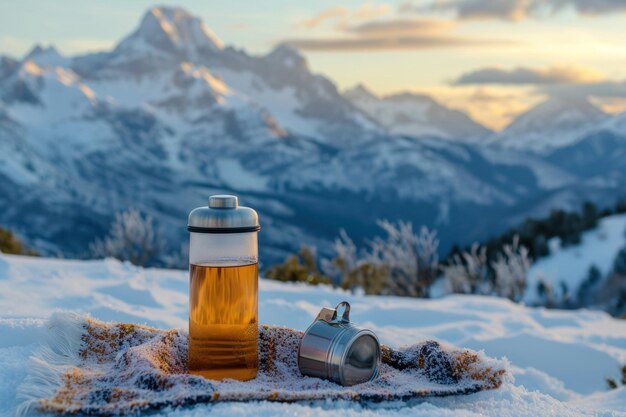 Foto paesaggio innevato con thermos su un masso sotto un cielo limpido scena invernale tranquilla per il relax