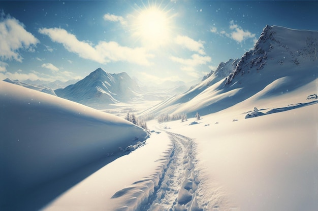 A snowy landscape with tracks leading to a snowy mountain