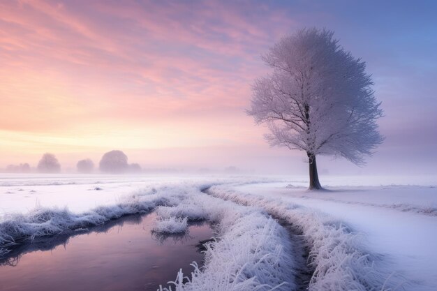 a snowy landscape with a tree and a stream