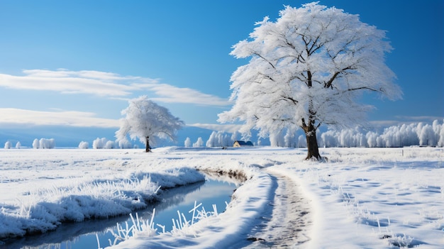 Photo snowy landscape with trees blue sky and a small wooden cabin in the background