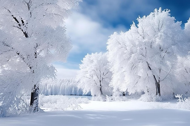 a snowy landscape with trees and a blue sky