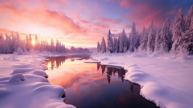 a snowy landscape with trees and a body of water