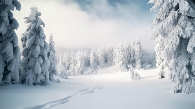 A snowy landscape with trees and footprints in the snow