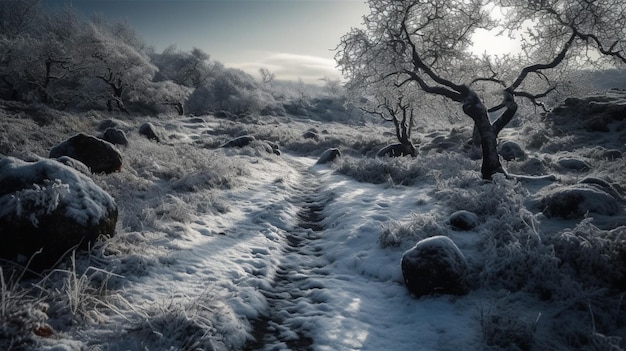 A snowy landscape with trees and a road that has snow on it.