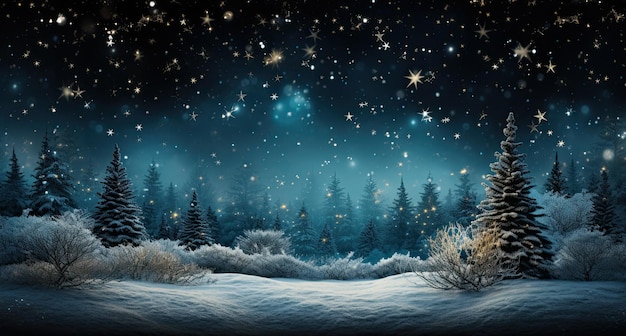 A snowy landscape with trees and stars in the sky generative ai image