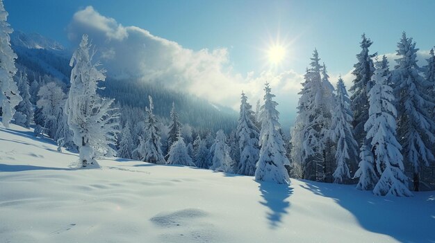 a snowy landscape with trees and the sun shining through the clouds