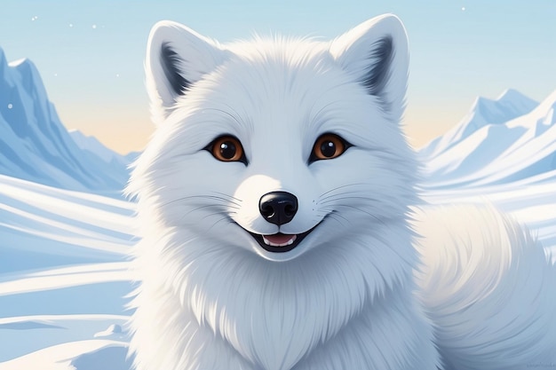 Snowy landscape with a white fox in the mountains