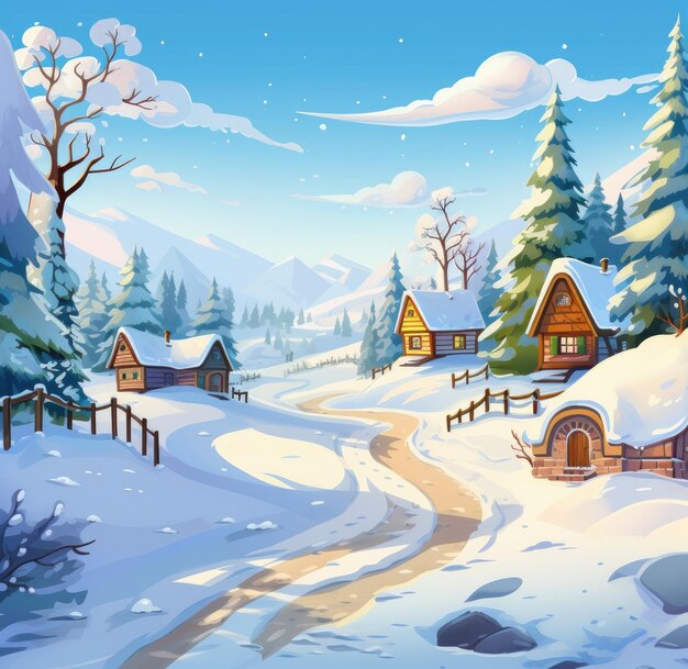 Snowy landscape with wooden houses and a path in the snow