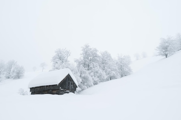 Snowy landscape with wooden hut in winter mountains