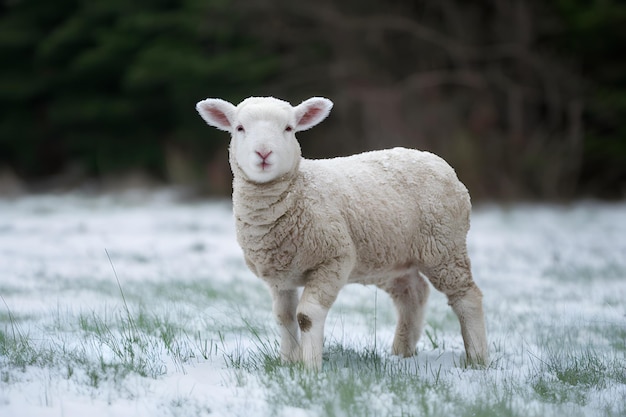 Snowy meadow setting frames cute lamb gazing at camera