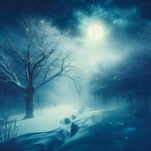 Snowy midnight scene in winter