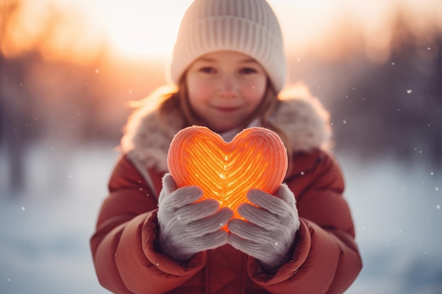 Snowy Morning Landscape with a Young Girl Offering an Illuminated Fabric Heart Christmas Love and Heartfelt Generosity