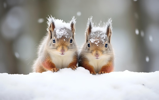 snowy morning squirrels standing in the snow