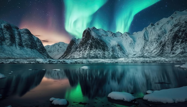 A snowy mountain and the aurora borealis above it