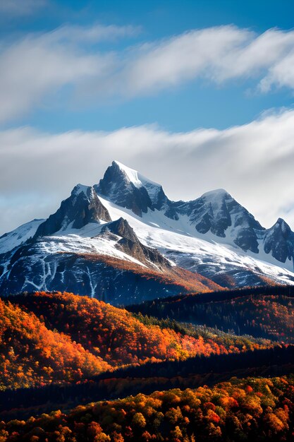 snowy mountain and beautifully autumn