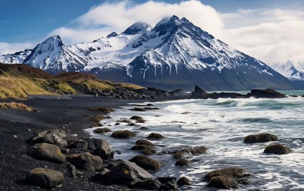 Snowy Mountain and Black Sand Beach Generative AI