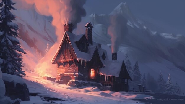 A Snowy Mountain Cabin with Rising Smoke