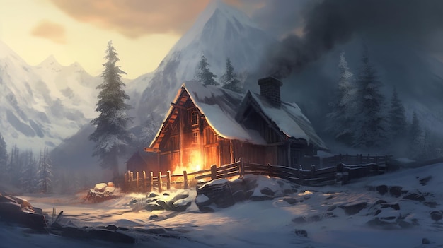 A Snowy Mountain Cabin with Rising Smoke