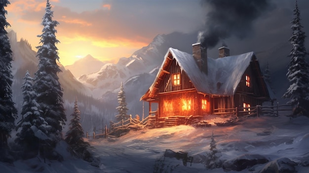 A Snowy Mountain Cabin with Rising Smoke