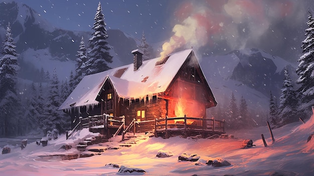 A Snowy Mountain Cabin with Rising Smoke