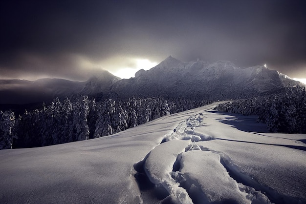 snowy mountain dark fantasy landscape digital art illustration