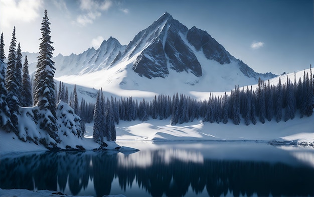 A snowy mountain is reflected in a lake with a snowy mountain in the background.