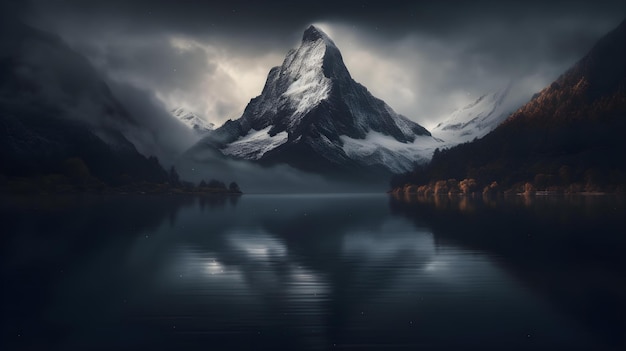 A snowy mountain is reflected in the water.