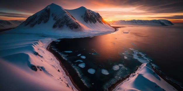 A snowy mountain is seen in the background.