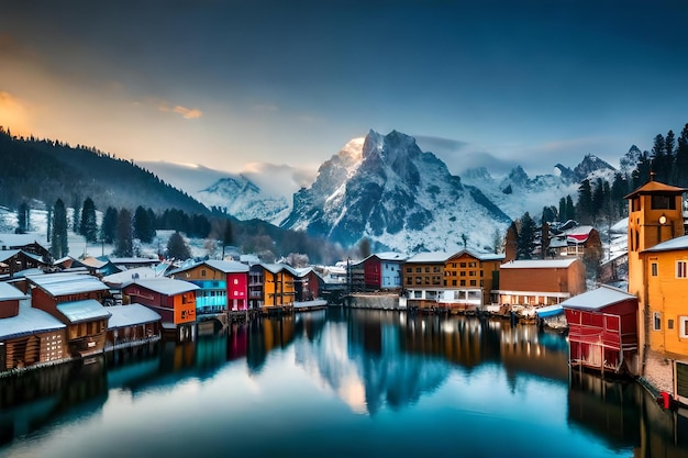 A snowy mountain lake with a mountain in the background