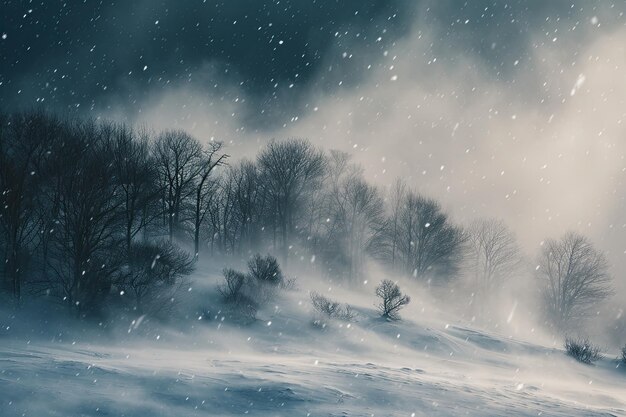 Photo snowy mountain landscape with bare trees and blowing snow