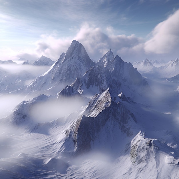 A snowy mountain landscape with a blue sky and clouds.