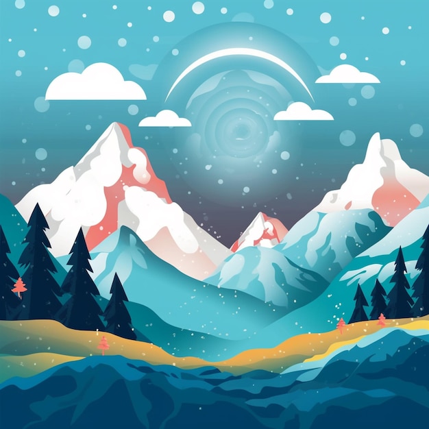 snowy mountain landscape with a full moon and a few trees generative ai