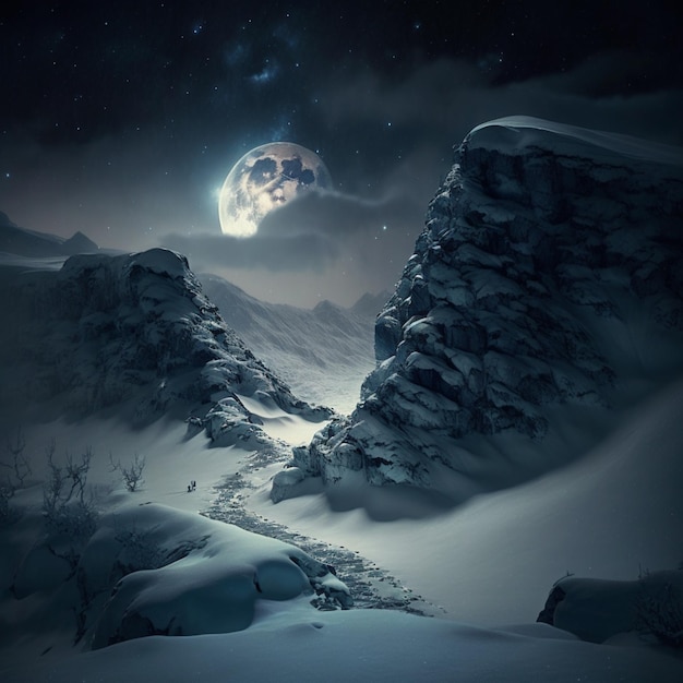 Snowy mountain landscape with a full moon and a path generative ai