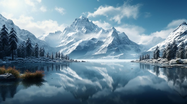 snowy mountain landscape with a lake in the background