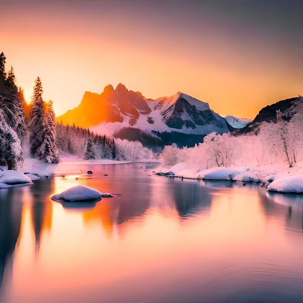 A snowy mountain landscape with a lake and mountains in the background.