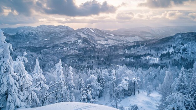 a snowy mountain landscape with a mountain in the background