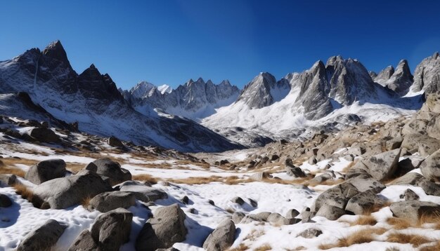 A snowy mountain landscape with mountains in the background.