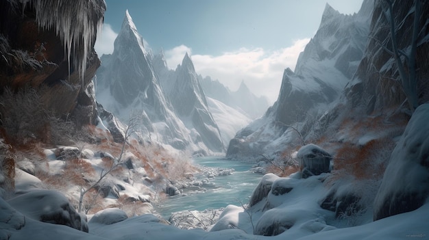 A snowy mountain landscape with a river flowing through it.