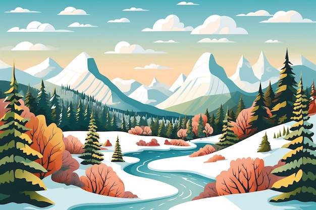 snowy mountain landscape with river and trees in the foreground generative ai