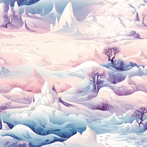 Snowy mountain landscape with a river and trees in the foreground generative ai