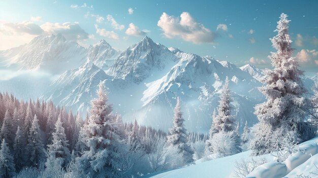 a snowy mountain landscape with snow covered trees and a blue sky with clouds