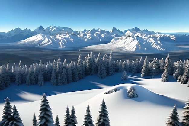 A snowy mountain landscape with a snowy mountain in the background.