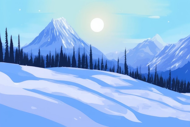 A snowy mountain landscape with a snowy mountain and a blue sky