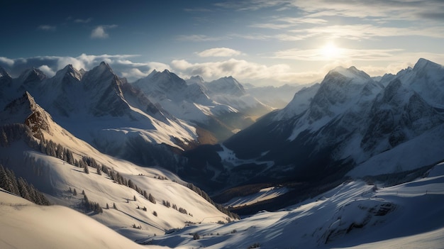 A snowy mountain landscape with a sunset in the background.